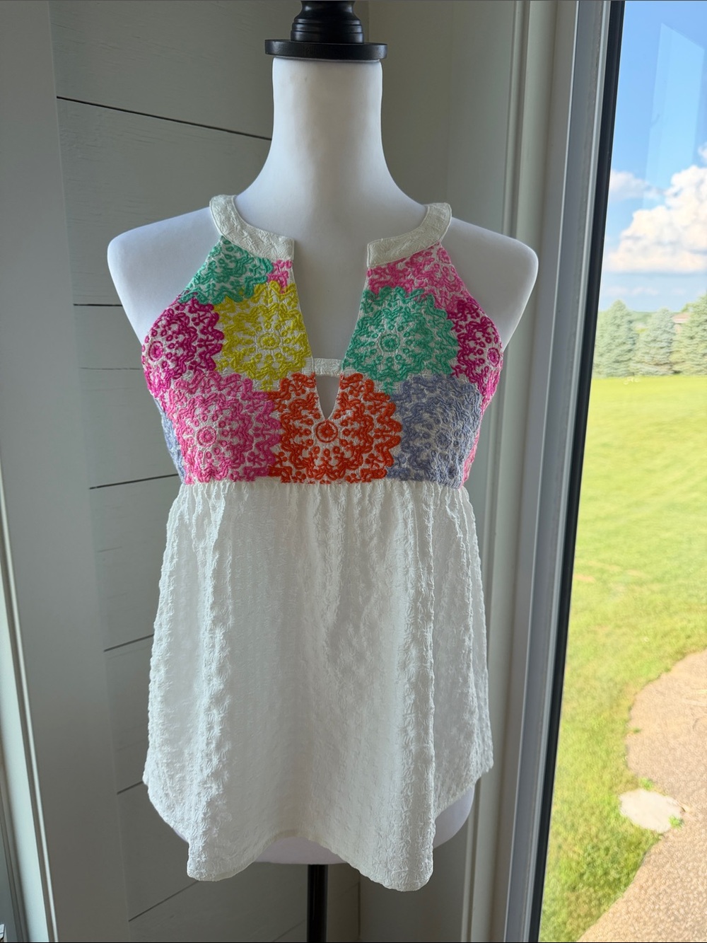 THML White Halter Camisole with Bright Multicolor Crochet Yoke